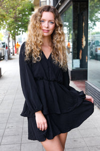 Falling In Love Black Surplice Tiered Woven Dress