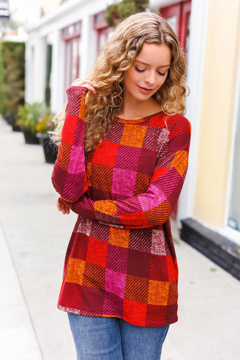 You Got This Burgundy Checker Plaid Print Hacci Knit Top