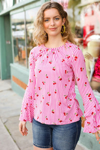 Make You Smile Pink Stripe & Cherries Bell Sleeve Top