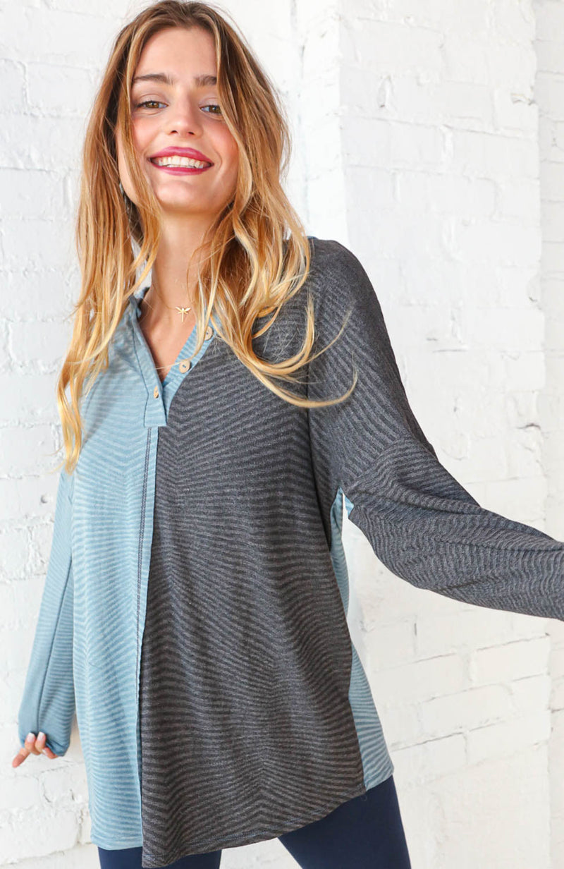 Blue & Grey Half and Half Slub Rib Button Top