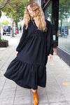 Lock Eyes Black Notched Neck Frill Hem Tiered Maxi Dress