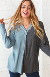 Blue & Grey Half and Half Slub Rib Button Top