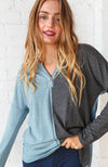 Blue & Grey Half and Half Slub Rib Button Top