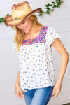 Navy Floral Multicolor Embroidered Square Neck Top