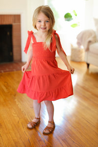 Kids Darling Paprika Crepe Tiered Smocked Shoulder Tie Dress