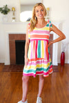 Multicolor Stripe Shoulder Tie Knot Ruffle Hem Dress