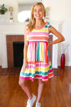 Multicolor Stripe Shoulder Tie Knot Ruffle Hem Dress