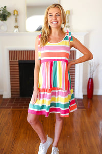 Multicolor Stripe Shoulder Tie Knot Ruffle Hem Dress