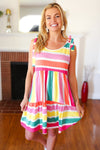 Multicolor Stripe Shoulder Tie Knot Ruffle Hem Dress