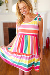 Multicolor Stripe Shoulder Tie Knot Ruffle Hem Dress