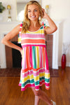 Multicolor Stripe Shoulder Tie Knot Ruffle Hem Dress