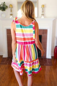 Multicolor Stripe Shoulder Tie Knot Ruffle Hem Dress