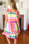 Multicolor Stripe Shoulder Tie Knot Ruffle Hem Dress