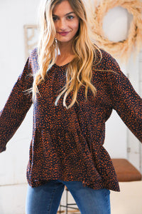 Navy & Rust Leopard Woven Babydoll Top