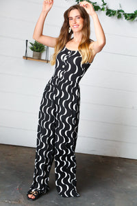 Black Abstract Wave Button Jumpsuit