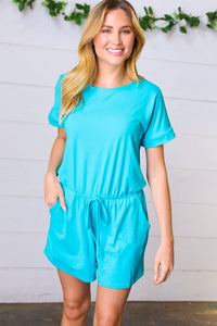 Ice Blue Brushed Knit Elastic Waist Pocketed Romper