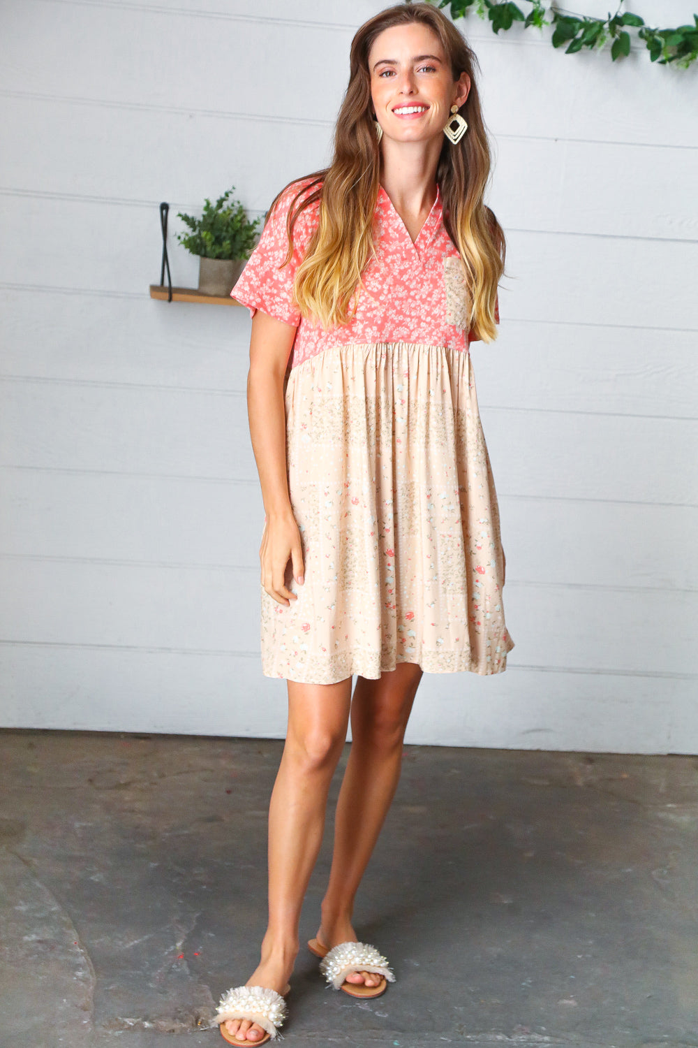 Coral & Taupe Floral Babydoll Color Block Dress