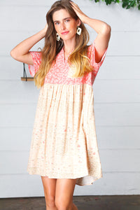 Coral & Taupe Floral Babydoll Color Block Dress