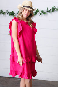 French Rose Tiered Ruffle Crinkle Dress