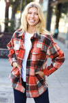 On My Way Up Rust Plaid Flannel Button Down Shacket