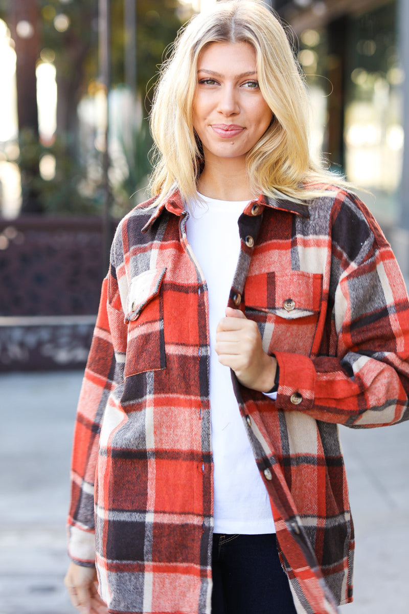 On My Way Up Rust Plaid Flannel Button Down Shacket