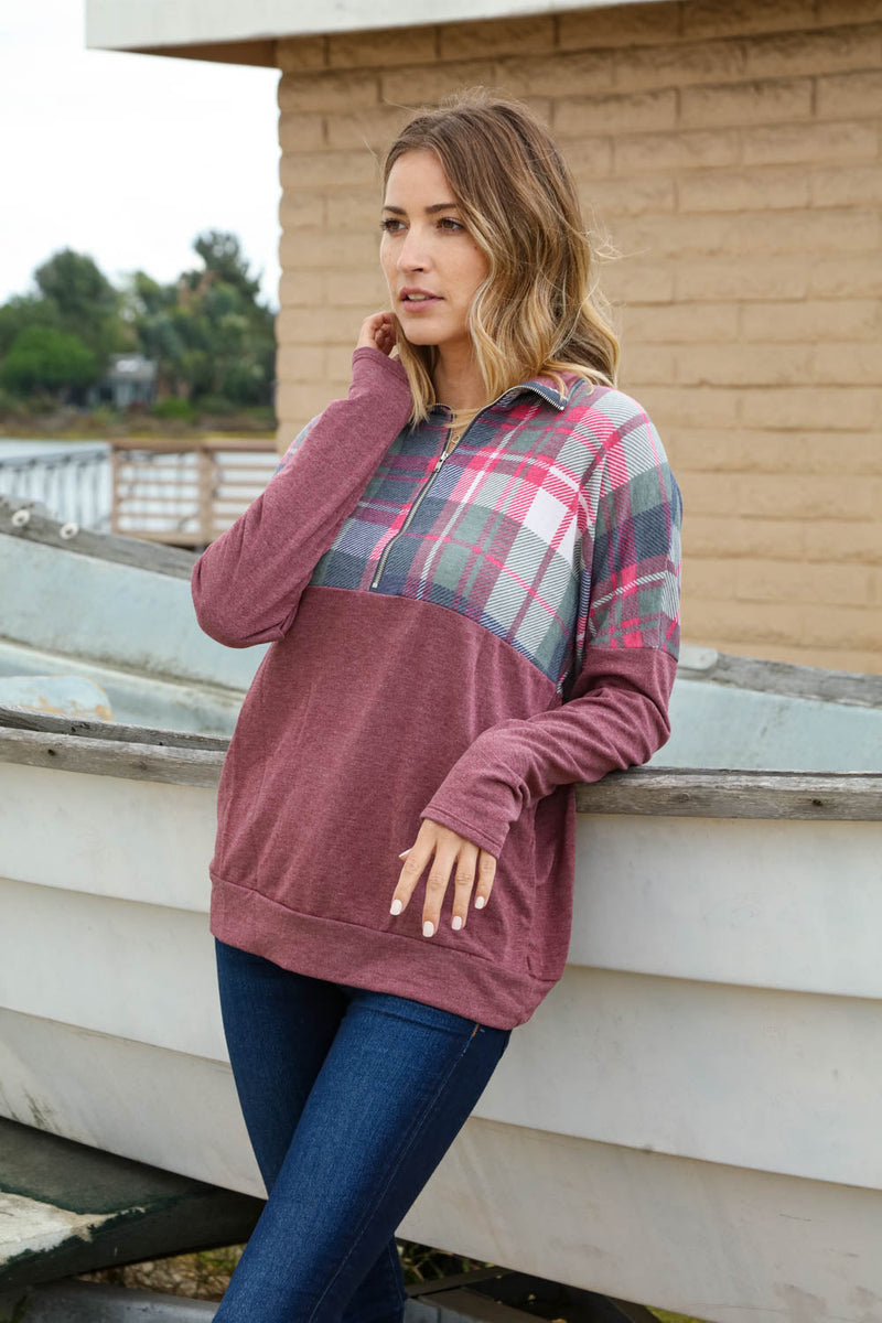 Pomegranate Plaid Print Half Zipper Up Knit Top