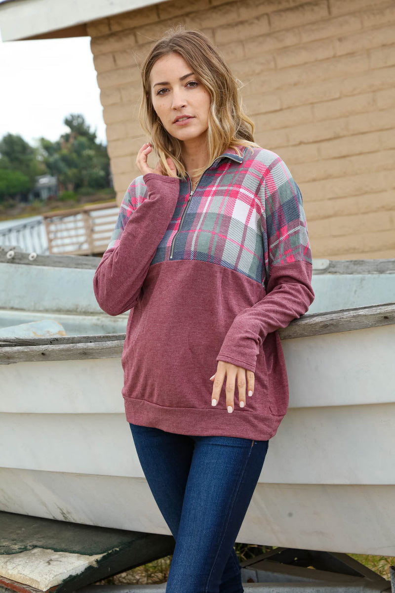 Pomegranate Plaid Print Half Zipper Up Knit Top