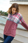 Pomegranate Plaid Print Half Zipper Up Knit Top