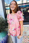 Pretty in Pink Floral Print Short Elastic Ruffle Sleeve Top