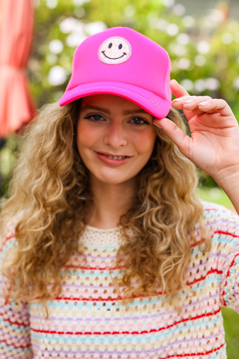 Neon Pink Glitter Smiley Face Mesh Trucker Hat