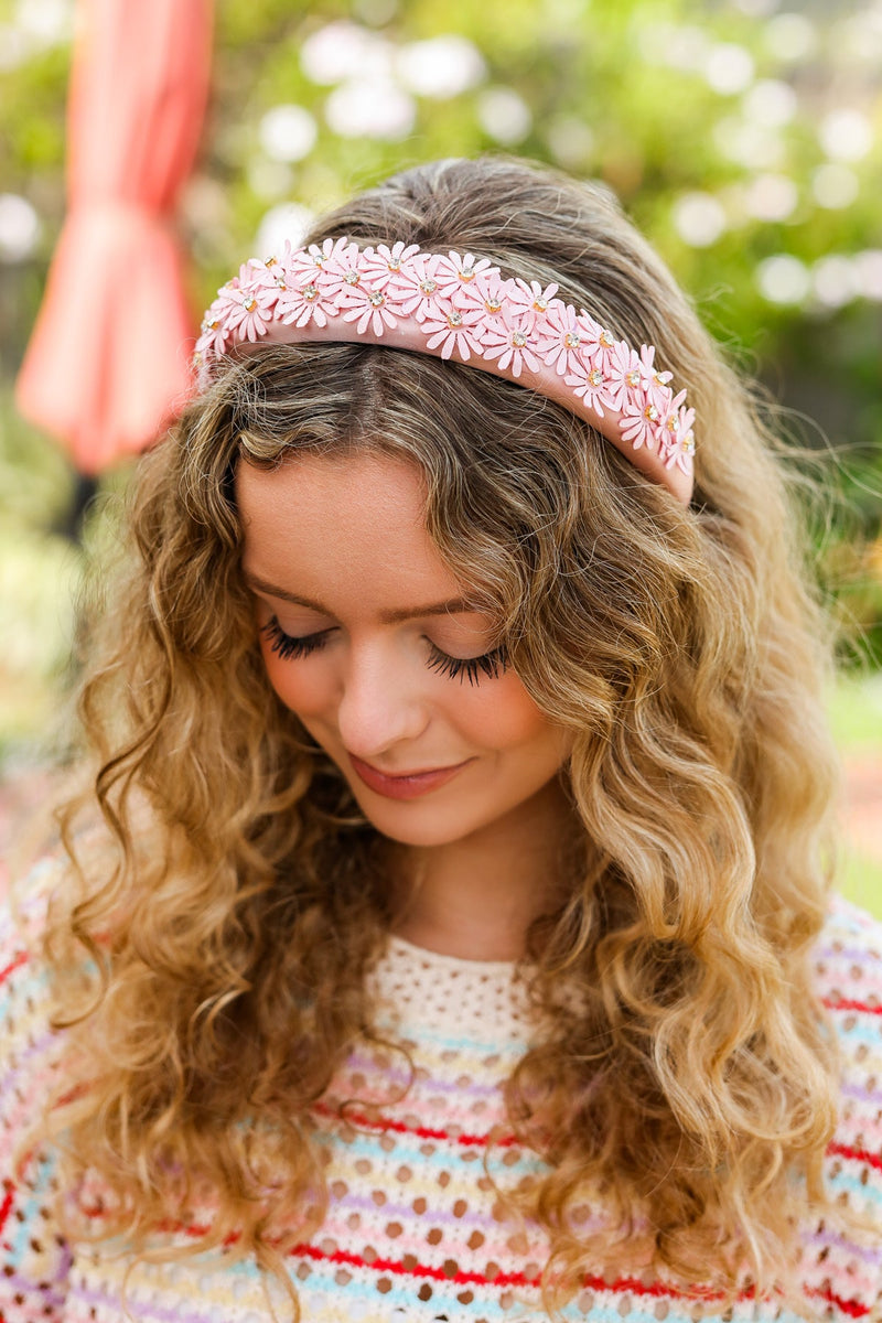 Pink Satin Daisy Rhinestone Headband