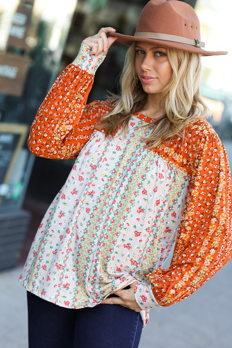 Rust & Taupe Vertical Floral Color Block Bubble Sleeve Top