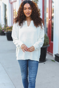 Lock Eyes Ivory Notched Neck With Patch Oversized Sweater