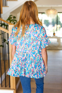 Looking Your Way Blue Floral Ruffle Hem Tiered Top