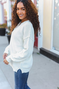 Lock Eyes Ivory Notched Neck With Patch Oversized Sweater