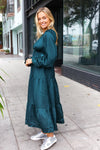 Elegant Hunter Green Elastic V Neck Tiered Satin Maxi Dress