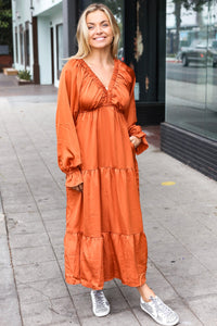 Elegant Rust Elastic V Neck Tiered Satin Maxi Dress