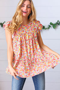 Sunset Floral Print Ruffle Tiered Keyhole Top