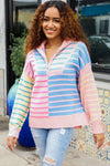 Perfectly Poised Blush & Blue Stripe Half Zip Up Oversized Sweater