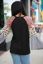 Floral Leopard Print Jacquard Block Bell Sleeve Top