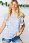 Washed Blue Floral Tiered Flutter Sleeve Top