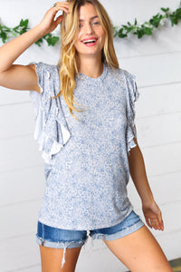 Washed Blue Floral Tiered Flutter Sleeve Top