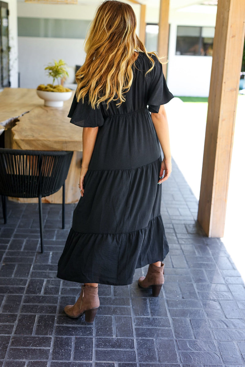 Talk Of The Town Black Elastic V Neck Tiered Maxi Dress