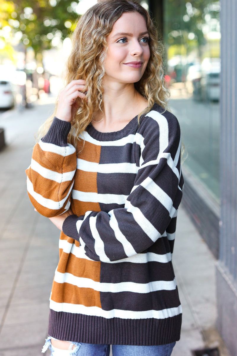 Camel & Charcoal Striped Color Block Sweater