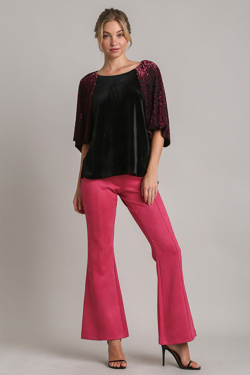 Umgee Round Neck Leopard Balloon Sleeve Velvet Top