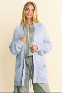 Davi & Dani Ribbed Hem Button Up Long Sleeve Cardigan