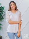 Montana Moon V-Neck Lace Short Sleeve Top in Grey