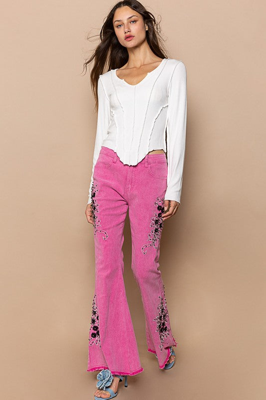 POL Raw Hem Embroidered Flare Pants