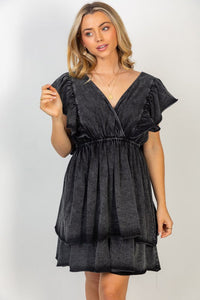 Short Flutter Sleeve Solid Knit Dress in Black