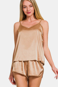 Zenana V-Neck Satin Cami and Elastic Waist Shorts Lounge Set